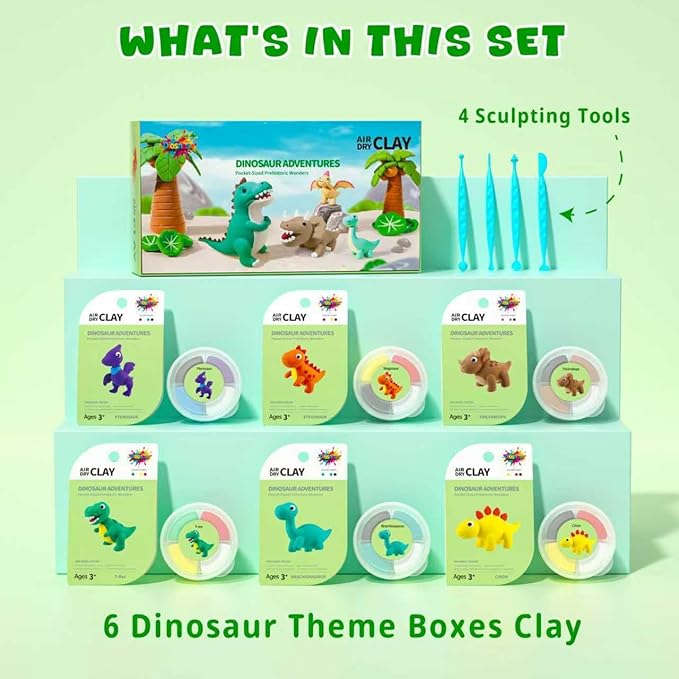 Air Dry Clay for Kids - 6 Dinosaur Themed Modeling Clay Kit, Model Magic Clay with Sculpting Tools and Tutorials, Ultra Light & Soft, Non-Toxic & Safe, DIY Arts and Crafts School Projects for Kids