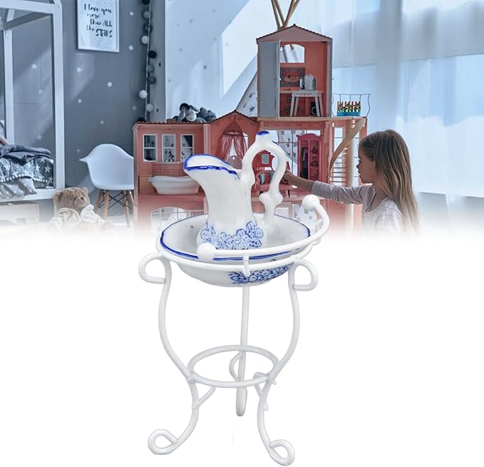 Dollhouse Furniture Bathroom Set 1:12 Washbasin Stand Doll House Kettle and Basin Dollhouse Bathroom Accessories