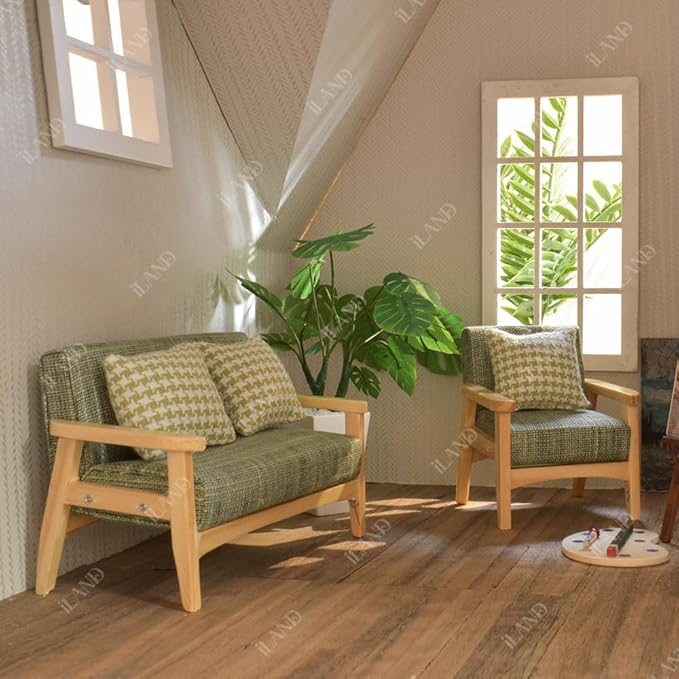 iland Dollhouse Couch and Miniature Sofa Set with Mini Houndstooth Cushions, Dollhouse Furniture on 1/12 Scale for Dollhouse Living Room (Grey Green)