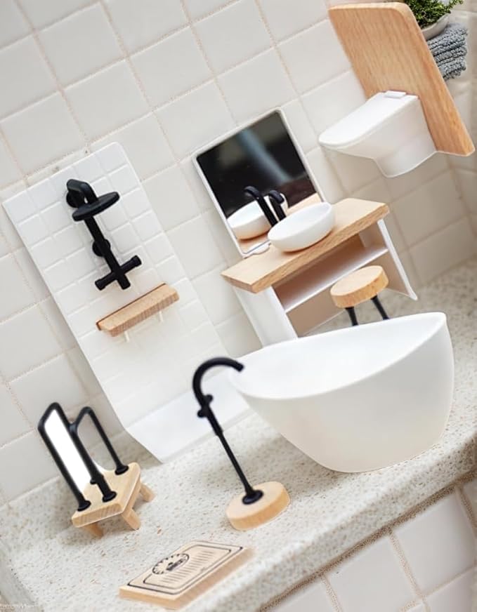 1Set Dollhouse Bathroom Set Dollhouse Furniture 1:12 Scale Miniature Doll House Pretend Play Bathroom Accessories for Kid Toys