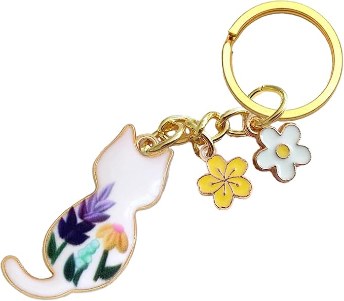 Agromusk Cute Cat Keychain, Enamel Flower Keyring Japanese Decor for Garden Cat Lovers, Kawaii Bag Charm With Sakura Flowers