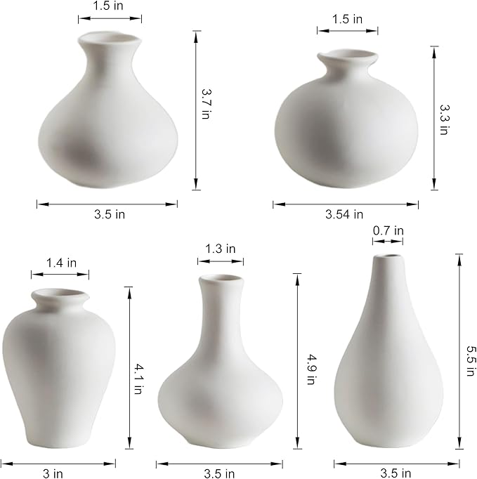 White Ceramic Bud Vase Set of 5, Mini Vases for Flowers, Decorative Small Vases for Home Decor, Boho Wedding Centerpieces, Living Room, Dining Table & Shelf Decor
