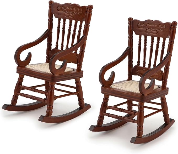 Dollhouse Chairs 2PCS Miniature Rocking Chair 1:12 Scale Wooden FurnitureAccessories Tiny Mini House Home Outdoor Cake Topper Decoration ModelLiving Room Scene Christmas Craft Displays (Brown)