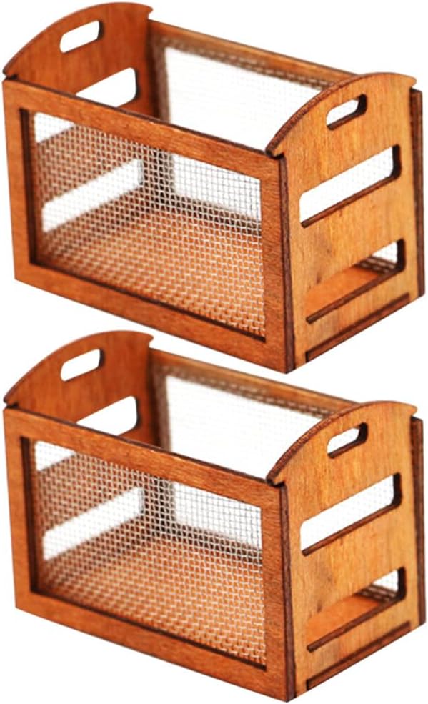 Yardwe Miniature Wooden Basket Hanging Planter Dollhouse Accessories Hollow Wire Frame Storage Model for Mini Doll Home Decor 1.25 Inch