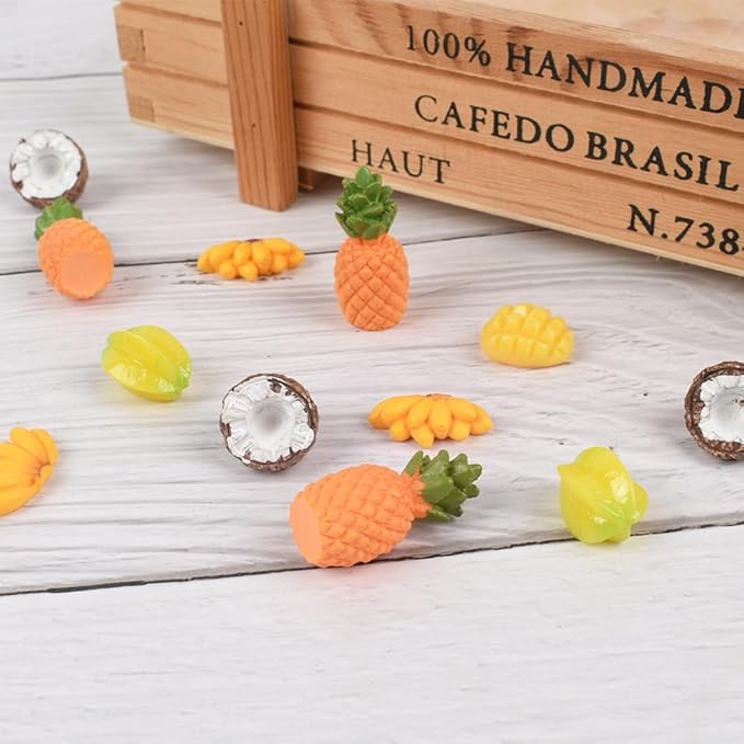 Mini Fake Fruit 30PCS, Artificial Tropical Fruit Resin Fruit Models Miniature Banana Mango Pineapple Starfruit Coconut for Mini Kitchen Scene House Store Display Decoration
