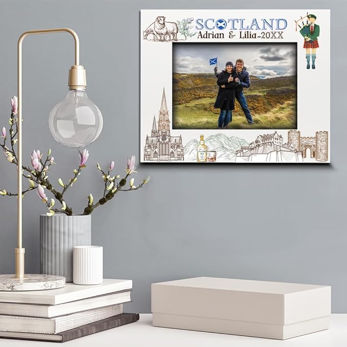BELLA BUSTA-Personalized Europe Travel Picture Frame– Custom Scotland Photo Frame with City & Country-Honeymoon, Vacation, Adventure, Favor Keepsake (Scotland (5x7 Horizontal)