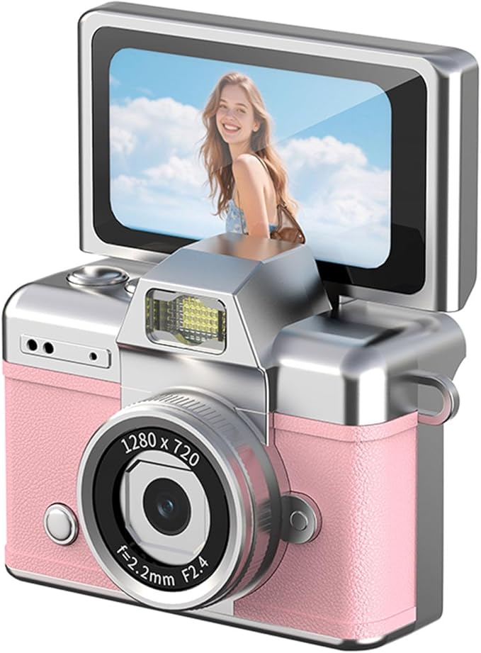 Flip Screen Mini Keychain Camera with Flash, 1080P 2MP Y2K Pocket with 32GB Card, Flip Selfie Camera with LED Flash for Vlogging, Rose Gold Small with Reversible LCD & Light