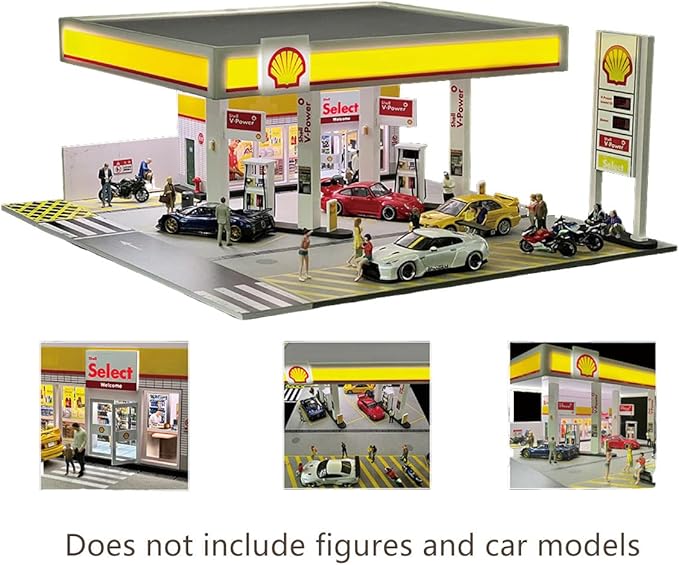 1/64 Scale Shell Gas Station Building Scene Model, Gas Station Architecture Scene, DIY Miniature Building Model for Teens (Cars & Figures Not Included)