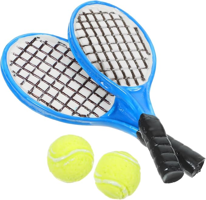 1:12 Scale Miniature Tennis Racket & Ball Set (4PCS) – Realistic Dollhouse Accessories, Resin Racket with Felt Ball for Adult Collectors & Miniature Diorama
