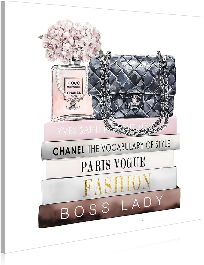 Dream Land Fashion Books Perfume Canvas Art: Trendy Book Stack Wall Painting Glam Pink Prints for Girls Bedroom