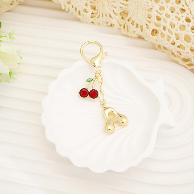 Fohufo Initial Keychains for Women - Cute Cherry Bag Charms Purse, 14K Gold Plated Keychain Accessories, Birthday Gifts