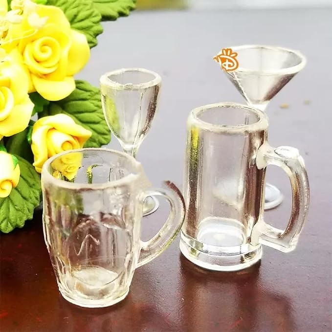 4Pcs Clear Glass Dollhouse Drinking Glasses Miniature: 1/12 Scale Wine Cocktail Glass for Kitchen Bar - Mini Beer Mug Stein Highball