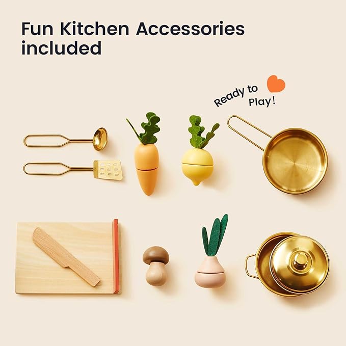Tiny Land Play Kitchen, Kids Kitchen Playset, Toddler Kitchen with Cutting Food Set, Wooden Kitchen Sets for Kids, Gift for Girls and Boys