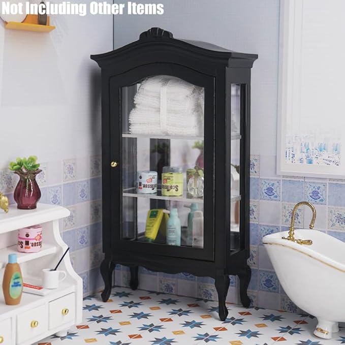 Odoria Dollhouse Curio Cabinet Miniature: 1/12 Scale Display Bookcase for Victorian Living Room - Mini Vintage Storage Shelf with Mirror - Tiny Wood Black Furniture Antique