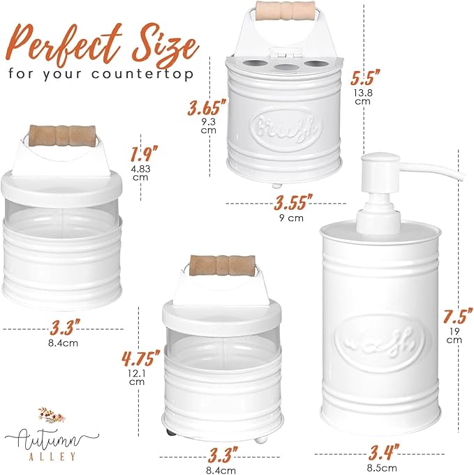 Autumn Alley White Bathroom Accessories Set 4 - Farmhouse Soap Dispenser, Toothbrush Holder, 2 Apothecary Jars Qtip Holder - White Bathroom Decor – Rustic Farmhouse Bathroom Accessories