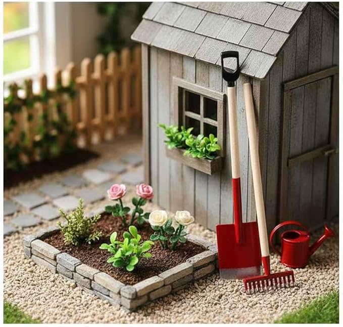 3-Piece Set Miniature Garden Tools, 1:12 Mini Shovels and Rake Farm Tools, Fairy Garden Dollhouse Accessories Furniture Toy Sets (Red, 3.2 Inches)