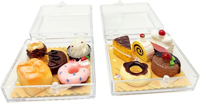 12Pieces Miniature Dollhouse Food Kit Cute 1:12 Mini Cakes Donuts Toast Dessert Kitchen Scene Accessories Micro Landscape Decoration with Acrylic Storage Box