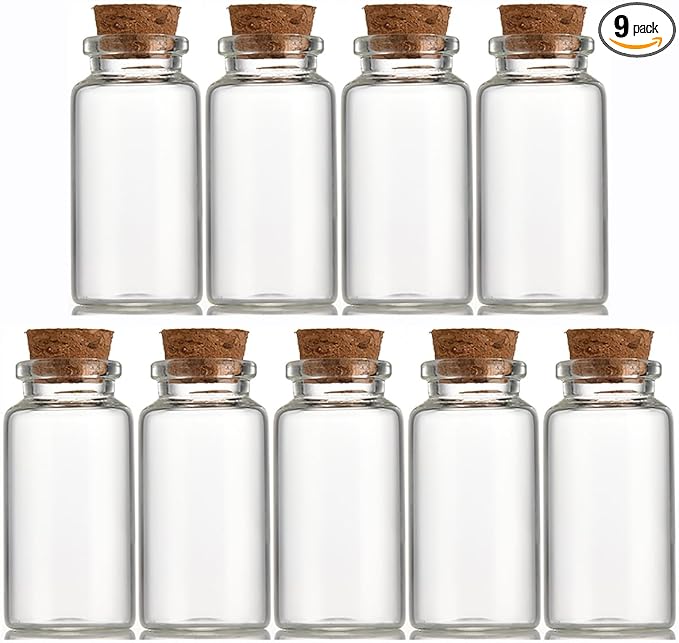 9 pcs 25ml Small Glass Bottles with Cork Stopper,Spell Jars,Decorative Bottle,Vials Jars,Wishing Bottle 30x60mm(1.18x2.36inch)