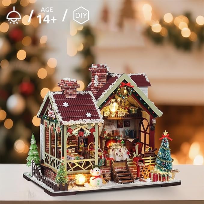 2025 New Christmas Miniature House Kit, DIY Mini Dollhouse Making Kits with Music and Led Light, Tiny House Kit to Build for Adults, Hobby Craft Gift for Christmas Day, Snowy Night