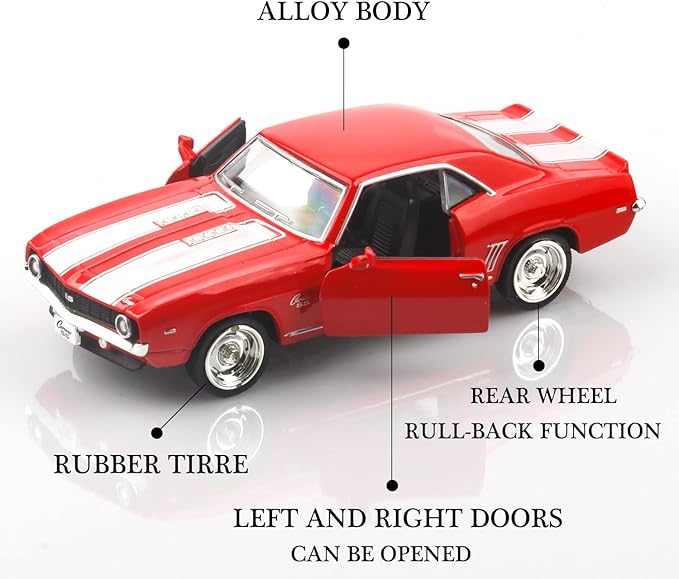 1/36 Scale Diecast Cars,1969 Camaro SS Cars Models,Pull Back Vehicles Toy Cars,Cars Gifts for Boys Girls (Red)