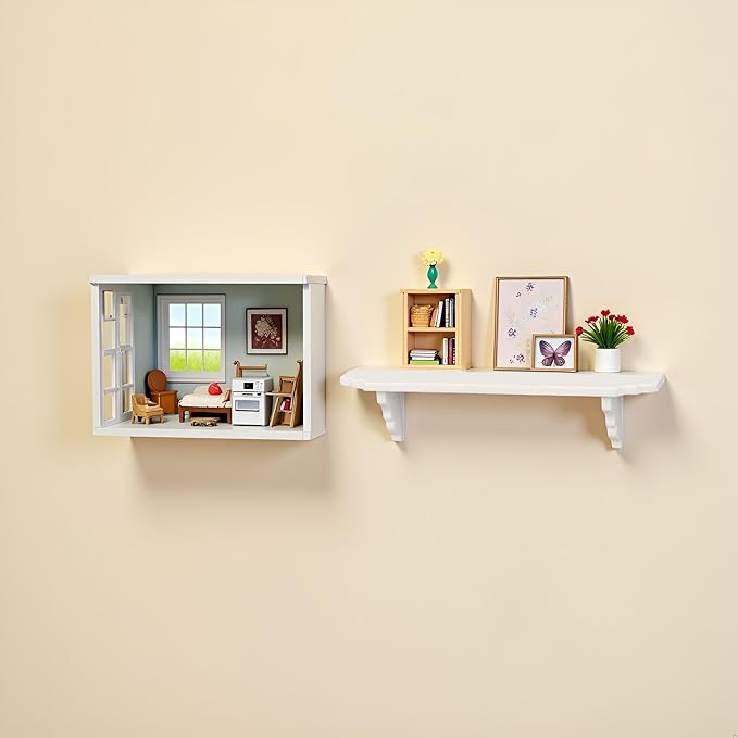 White Dollhouse Wall Shelf, 1:12 Scale Miniature Dollhouse Accessories, Doll House Storage Wall Shelf for Kitchen Scene Wall Decor Miniature Bedroom Mini Furniture Accessory