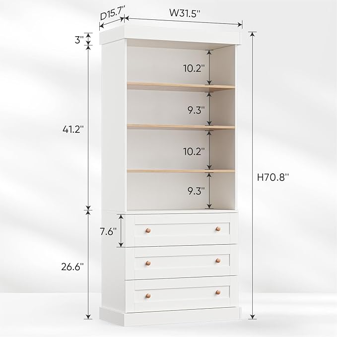 71" Tall Farmhouse Kitchen Pantry, Large Storage Cabinet with Adjustable Shelves and 3 Drawers, Versatile Hutch for Dining Room and Living Room, White, 2 Pcs