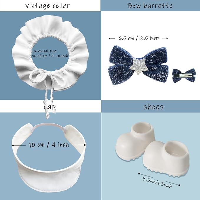 Clothes for 6.7inch /17cm Dolls (Without Dolls) ,Sets and Accessories,6pc Set（Overalls + hat + Bow + Vintage Collar + Bag + Shoes）(Star Overalls)