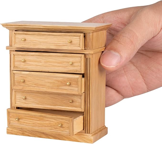Waldosia 1:12 Scale Dollhouse Miniature Oak Dresser – 5-Drawer Wooden Chest for Bedroom, Roombox, Booknooks and Dioramas Furniture