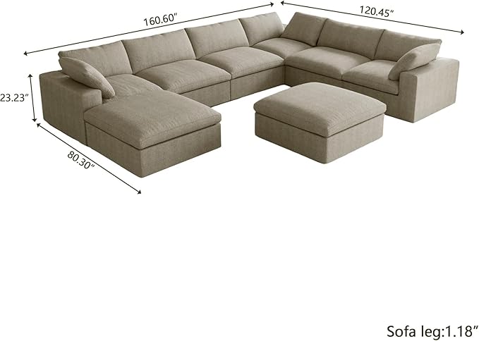 JACH 160" Cloud Sectional Couch, Overzised Down Filled Comfy Couch, 8 Seater Convertible Modular Cloud Sofa for Living Room, Minimalist Deep Seat Modern Couches,Sofa Cover Removable, Khaki