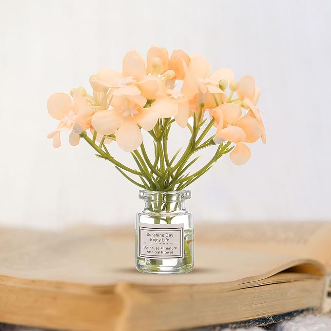 CoCud Mini Flowers Dollhouse in Vase, 3.15" Total Length, Silk Plastic Miniature Dollhouse Accessories with Tiny Flower Orange - (Applications: for Fairy Micro House Ornament) 2-Pieces