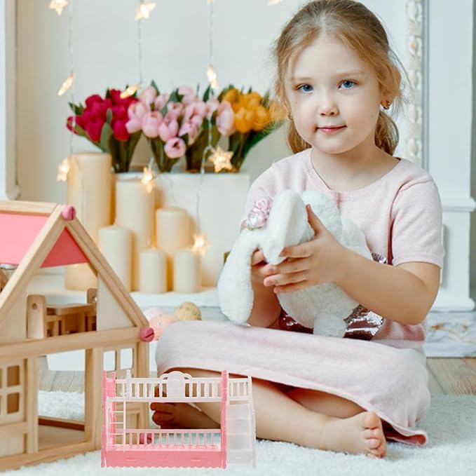 Miniature Bunk Bed Model with Ladder for 16cm Dolls, Dollhouse Bedroom Furniture, Pink, 8.66 X 5.51 X 3.14 Inches, Abs Material, Space-Saving Design for Mini House Decoration