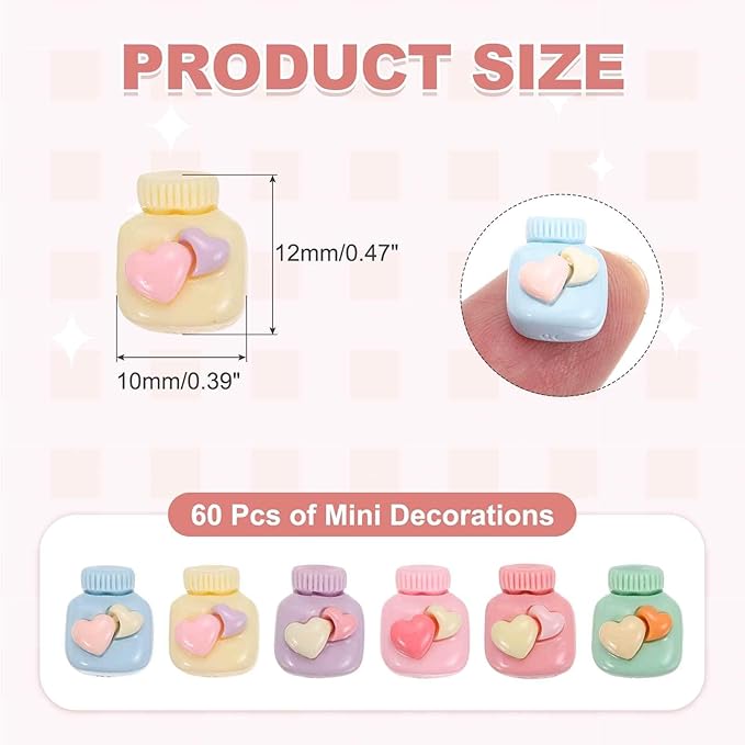 Mini Cute Heart Bottle Decor, Miniature Doll Food Crafts for Dollhouse & Landscape & Mini Kitchen & Micro Fairy Garden & DIY Craft Decorations(Light Colors, 100pcs)