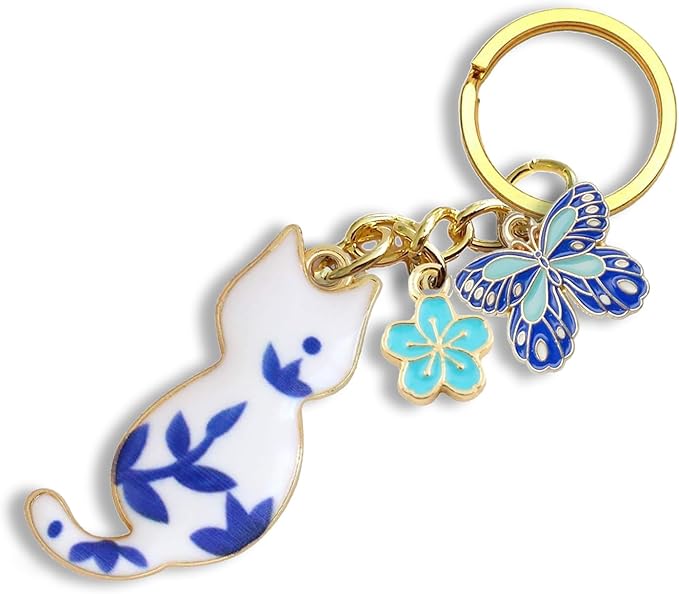 Agromusk Cute Cat Keychain, Enamel Flower Keyring Japanese Decor for Garden Cat Lovers, Kawaii Bag Charm With Sakura Flowers