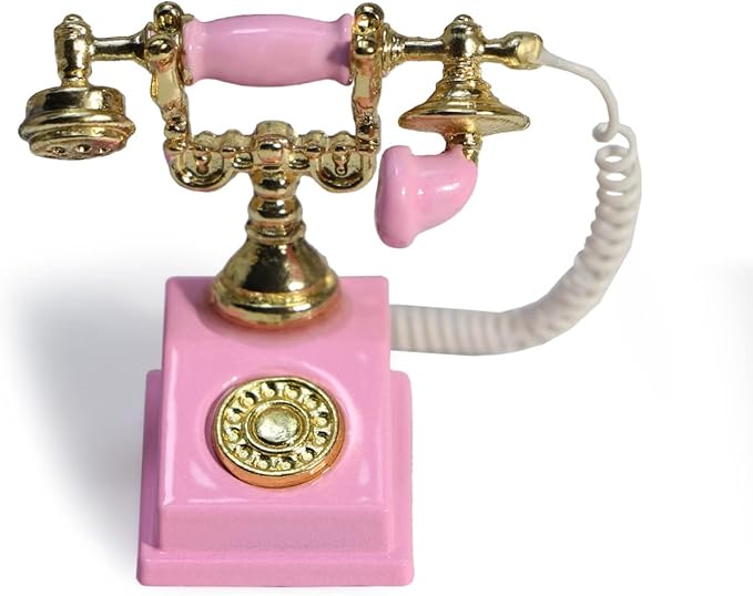 Dollhouse Telephone 1:12 Miniature Vintage Rotary Phone Model Desk Decoration Retro Mini Accessorries for Artificial House Living Room Scene (Pink)