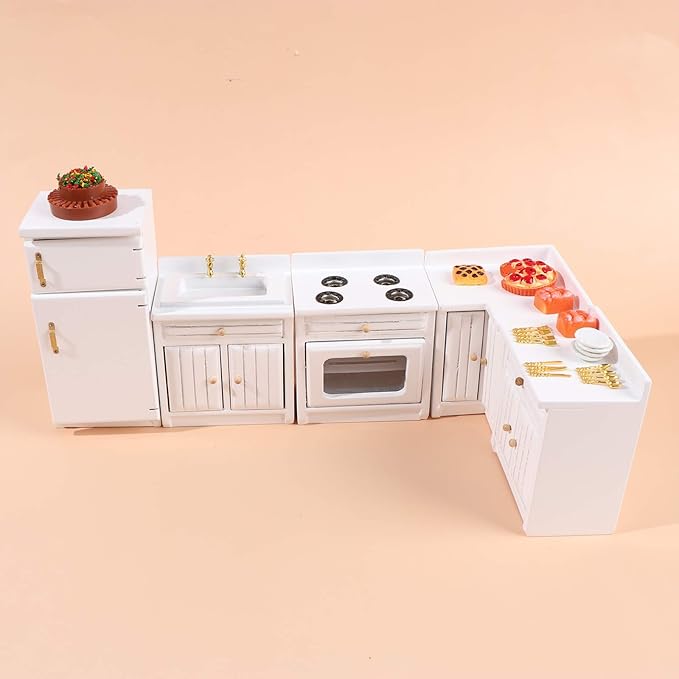 Dollhouse Kitchen Furniture Kit 1:12 Doll House Miniature Suite Wooden Kitchen Cabinet Fridge Set Dining Room for Miniature Dollhouse Furniture Scenes Accessories