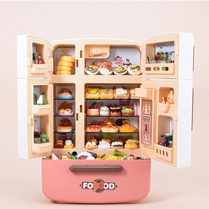 1/7 Scale Large-Size Realistic Double-Door Fridge Model, Miniature Kitchen Props, Pretend-Play Fridge Set (Sky Blue Refrigerator + 30 Food Items + 30 Drinks + Shopping Cart + 8 Ice Cubes/Light-Up)