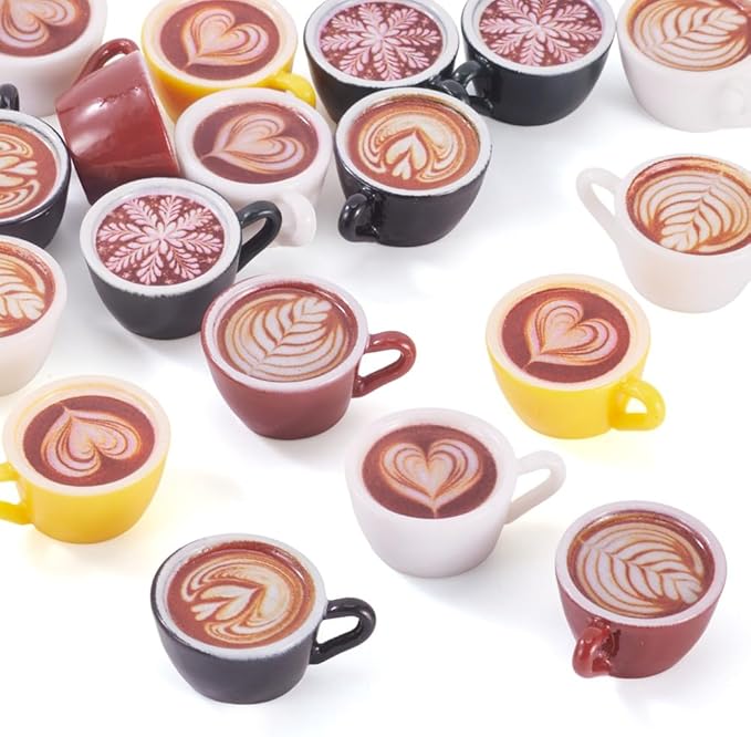 24Pcs Resin Coffee Cup Decorations Micro Landscape Dollhouse Decorations 6 Colors Coffee Cup Model with Latte Art Ornaments Imitation Food Drink Cabochons 26x20mm