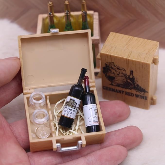 1:12 Mini Dollhouse Accessories Set Which Including 2 Red Wine Bottles Glasses Bottles and A Case,Miniaure Scene Model for Dollhouse Decor and Dollhouse Furniture