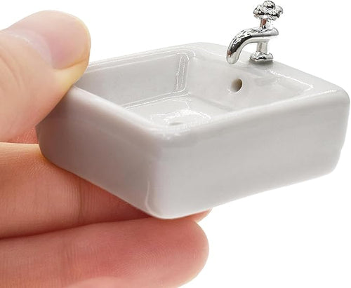 1:12 Scale Ceramic Sink with Removable Faucet - Miniature Dollhouse Bathroom and Kitchen Accessories for Victorian Style Decor, Realistic Doll House Furniture (Durable Resin Basin Set)