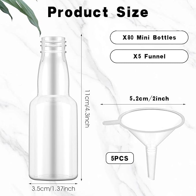 80 Pcs Mini Liquor Bottles, Plastic Spirit Bottle, 2 oz Mini Empty Plastic Alcohol Shot with 5 Funnels, and Miniature Airtight Bottles for Party Favors, Weddings (Gold)
