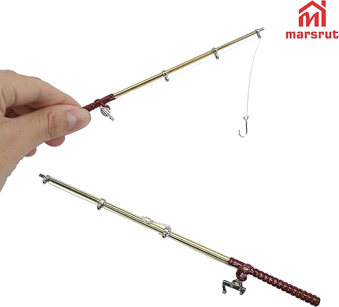 1 Set Miniature Fishing Rods and Fish Net Set for 1:12 Scale Dollhouse Decoration, Mini Fairy Garden Micro Landscape Furniture Accessories, Beach Pond House Decor Crafts with Fishing Pole Gear Models