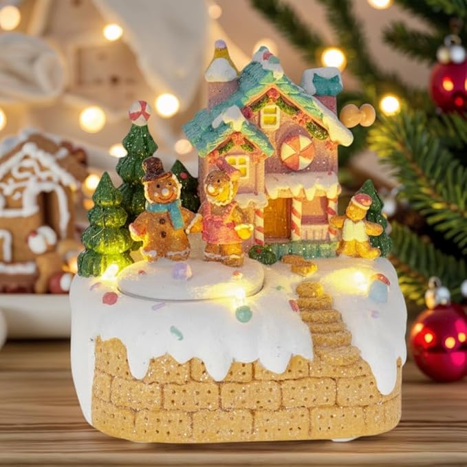 innodept12 Animated Gingerbread House Christmas Decoration – Pre-Lit Musical Resin Village Figurine with Rotating Gingerbread Characters and LED Lights for Indoor Holiday Tabletop Display