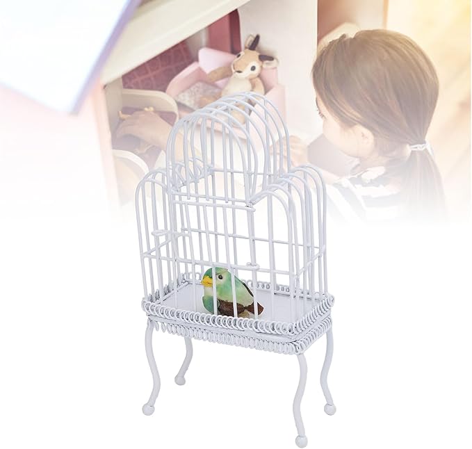 1:12 Scale Dollhouse Bird Cage Metal Miniature Bird Cage Realistic Opening Door Miniature Dollhouse Bird Cage with Fake Grass Bird Sticker (White)