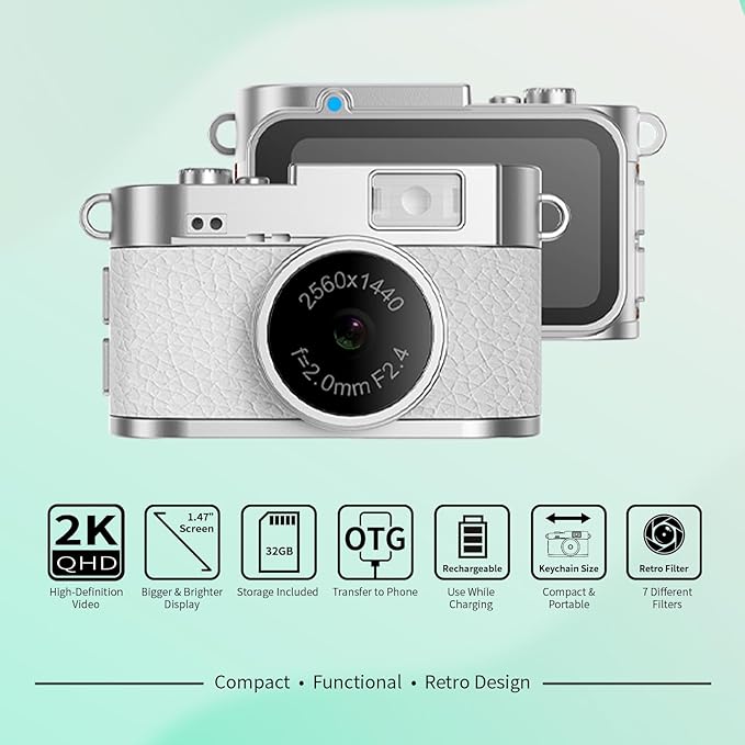 LKT Mini Keychain Camera,2K Digital Tiny Camera with 32GB Card, Cool Gadgets Video Recorder Collectible Gift for Travel, Party and Vlog