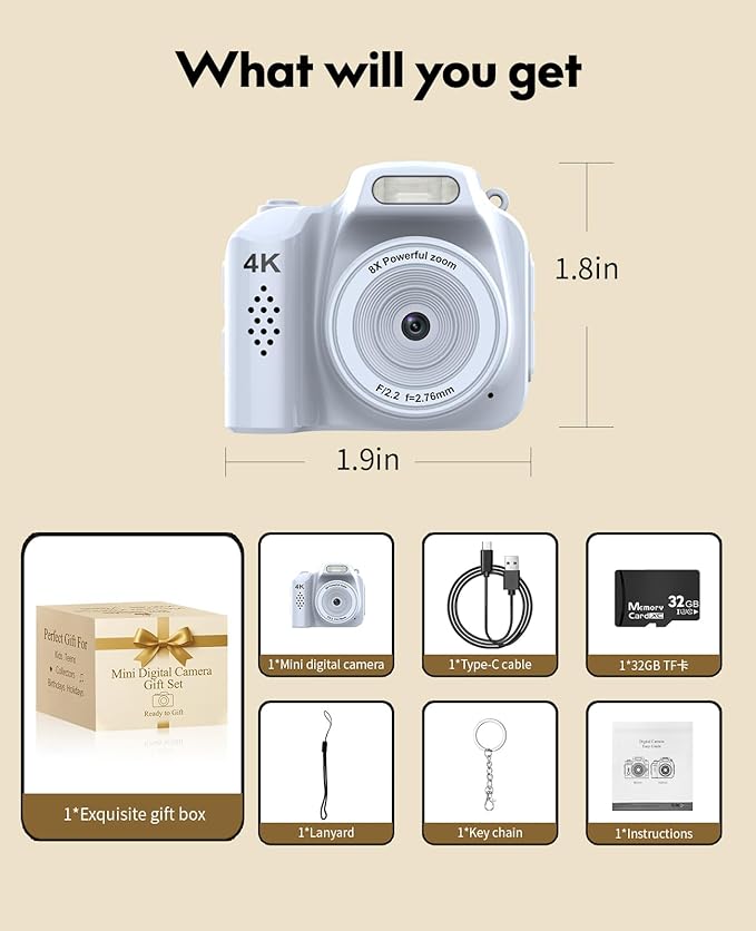 FLATIC Mini Keychain Camera –4K Digital Tiny Camera with 32GB Card & Elegant Gift Box, Fun Pocket-Sized Gadget for Kids & Adults, Collectible Gift for Travel, Birthdays & Stocking Stuffers (White)