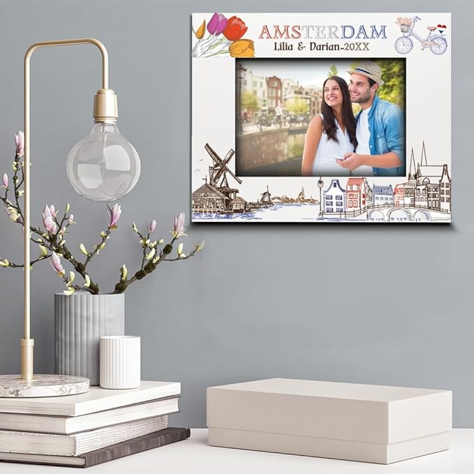 BELLA BUSTA-Personalized Europe Travel Picture Frame– Custom Amsterdam Photo Frame with City & Country-Honeymoon, Vacation, Adventure, Favor Keepsake (Amsterdam (5x7 Horizontal))