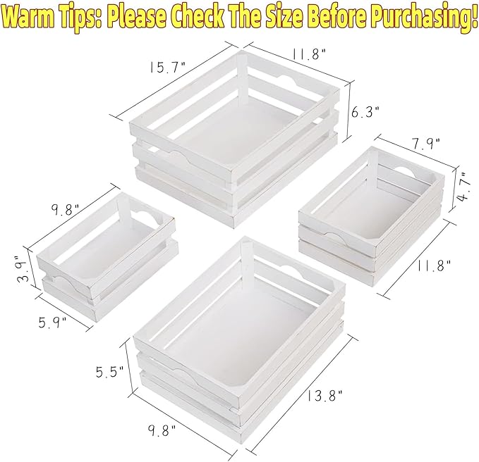 Large Wooden Crates Set of 4 Decorative Storage Box with Handles, Rustic Whitewashed Farmhouse Wooden Crates for Display, Living Room Container Baskets Box for Kitchen, Pantry, Bedroom