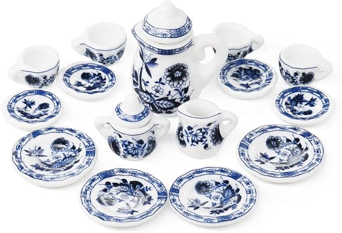 Odoria 1/12 Miniature Porcelain Tea Set 15Pcs Dollhouse Decoration Accessories, Blue Lotus