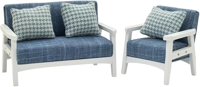 iLAND Dollhouse Couch and Miniature Sofa Set with Mini Houndstooth Cushions, Dollhouse Furniture on 1/12 Scale for Dollhouse Living Room (Sky Blue)