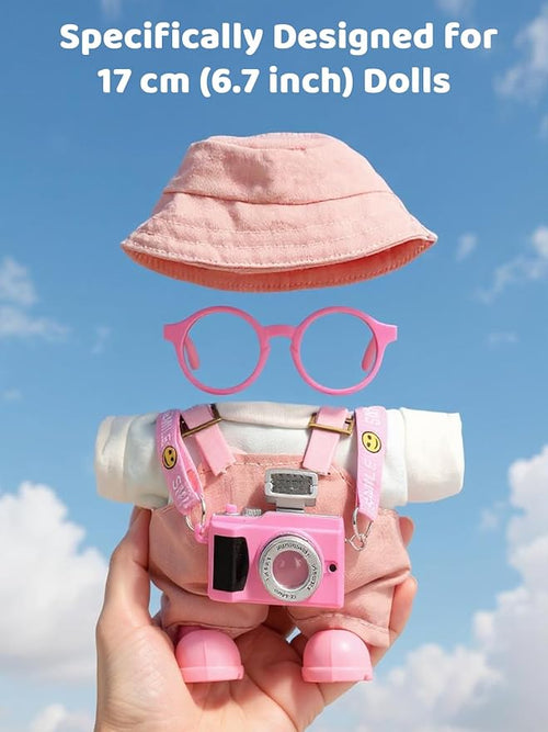 17cm Doll Clothes Set, Hat & Overalls & Shirt & Shoes & Glasses & Camera Set for 17cm Accessories Suit, Stylish Dolls Clothes Accessories, Cute Clothes for Dress up Unique Style (Light Pink)